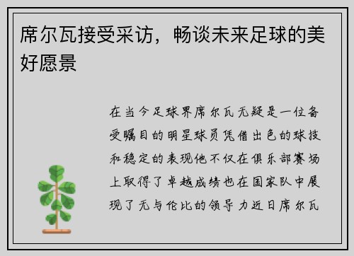 席尔瓦接受采访，畅谈未来足球的美好愿景