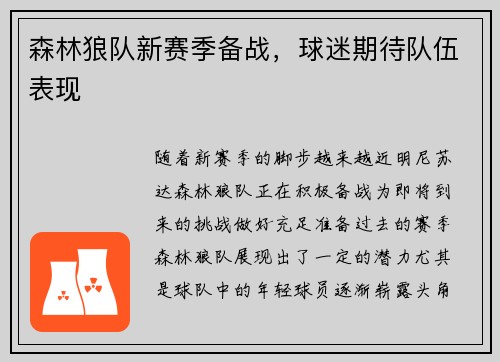 森林狼队新赛季备战，球迷期待队伍表现